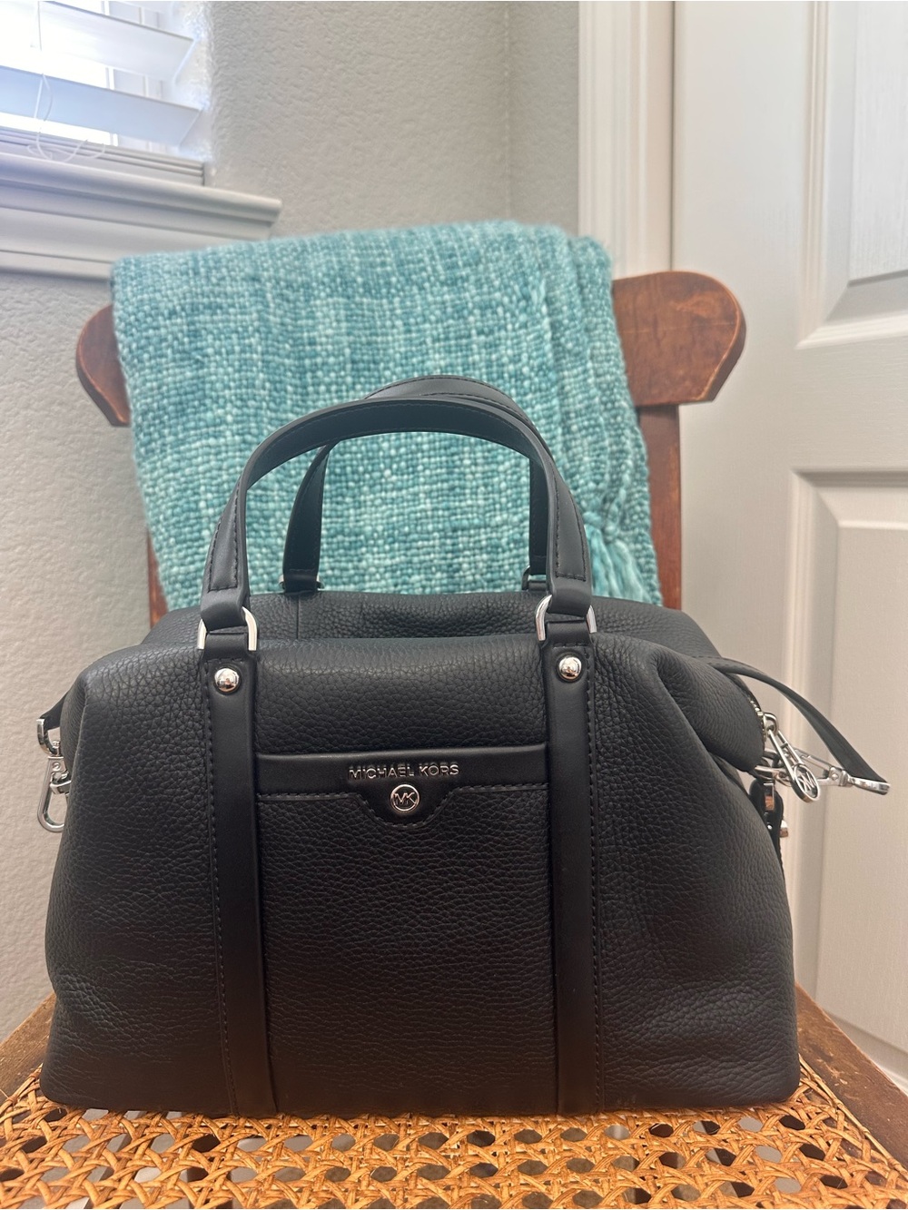 Michael Kors Black Pebbled Leather Satchel with Silver Hardware
